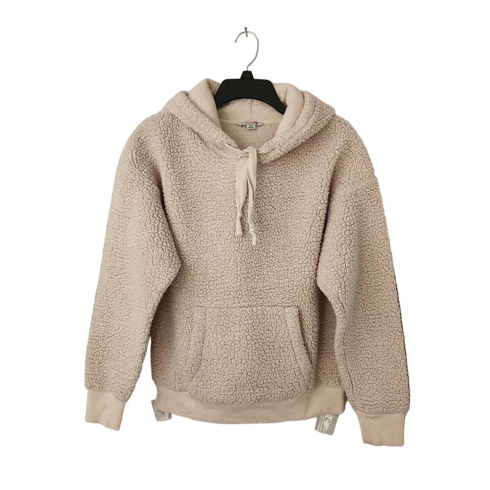 American Eagle Women's Cream Sherpa Drawstring Hoodie Medium